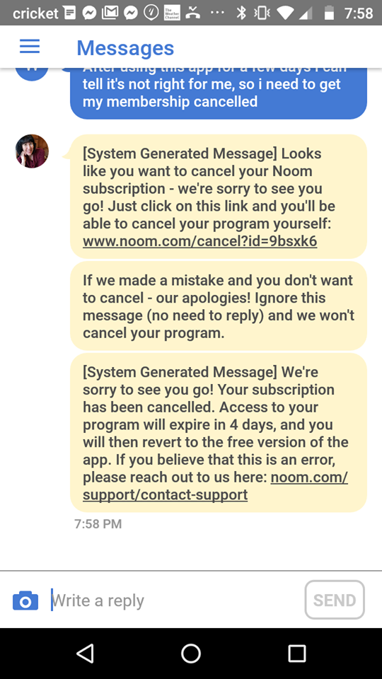 canceling noom subscription conversation with goal specialist